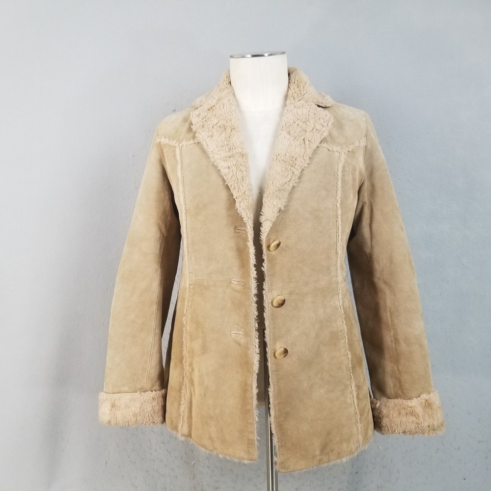 St. Johns Bay Jacket Women Small Tan Leather Suede Shearling Retro Western Coat